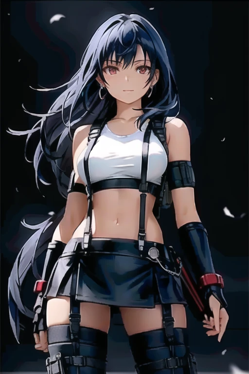 1girl, tifa_4900, (masterpiece), (best quality), extremely detailed, watercolor, bloom, delicate and beautiful, ink, illustration, depth of field, sketch, dark intense shadows, sharp focus, soft lighting, hdr, colorful, good composition, delicate and beautiful, from below, ((red_eyes)), white top, skirt, suspenders, large_chest