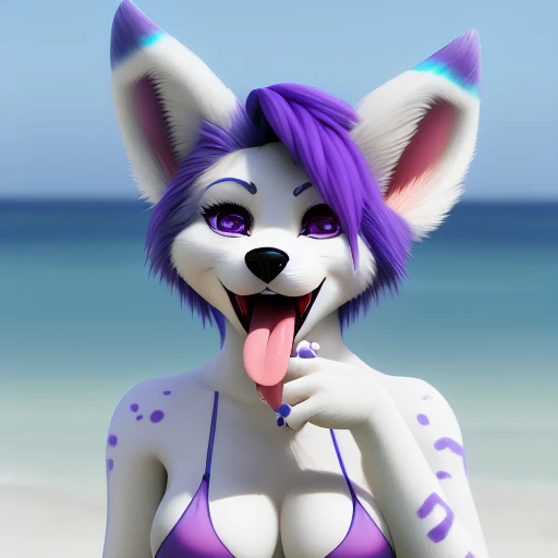 , anthro, mammal, beach, seaside, duo, sky, canid, outside, fur, clothing, canine, hair, sand, swimwear, bikini, fingers, tongue, clothed, day, pawpads, male, canis, water, female, claws, tuft, paws, feet, stripes, spots, blue body, blue fur, hi res, purple eyes, blue hair, white body, detailed background, white fur, digital media (artwork), multicolored fur, multicolored body, 5 fingers, looking at viewer, finger in mouth, tongue out, holding object, finger fetish, open mouth