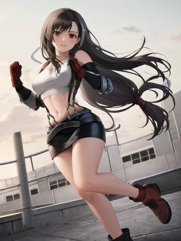 best quality, 1girl, black hair, long hair, low tied hair, red eyes, smile, standing, corneo_tifa_classic,  dynamic pose,