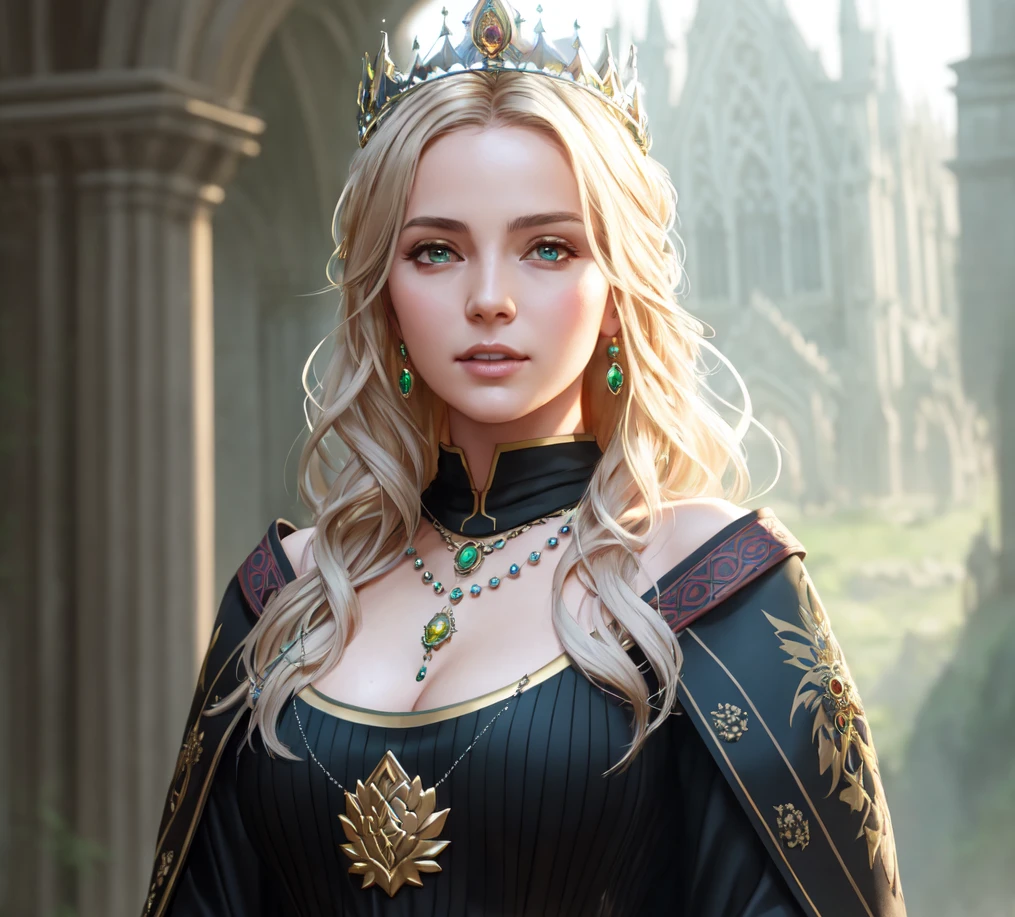 modelshoot style, (extremely detailed CG unity 8k wallpaper), full shot body photo of the most beautiful artwork in the world, english medieval witch, green vale, pearl skin,golden crown, diamonds, medieval architecture, professional majestic oil painting by Ed Blinkey, Atey Ghailan, Studio Ghibli, by Jeremy Mann, Greg Manchess, Antonio Moro, trending on ArtStation, trending on CGSociety, Intricate, High Detail, Sharp focus, dramatic, photorealistic painting art by midjourney and greg rutkowski