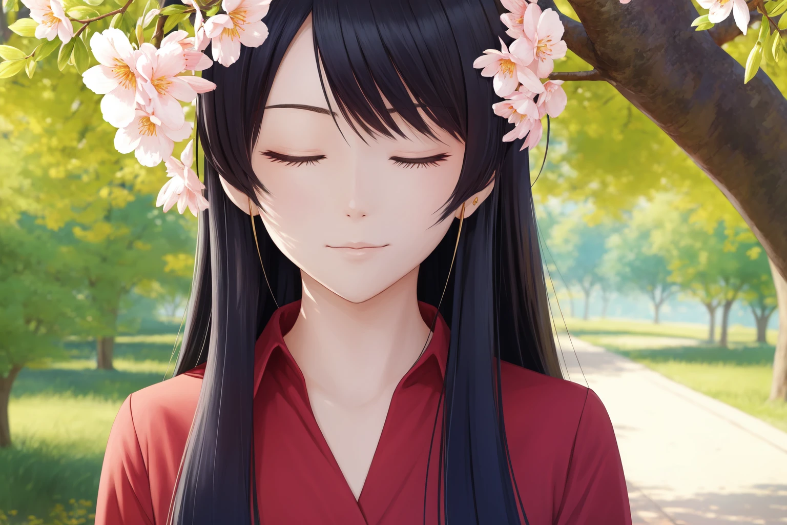 girl, solo, red shirt, both eyes closed, face, perfect, masterpiece, tree, flowers, anime screencap, ((masterpiece)), pixiv, artstation