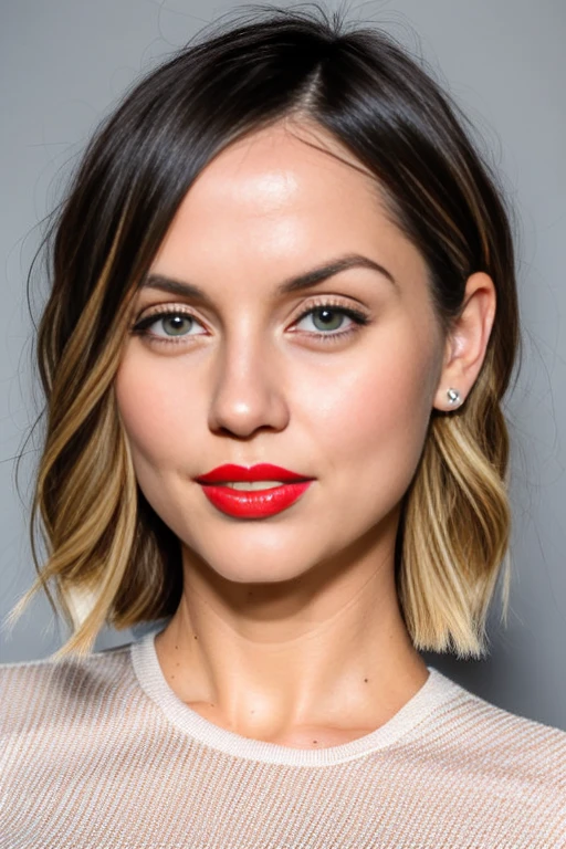 AnaD, short blonde hair, headshot, red lips,brown backdrop, studio