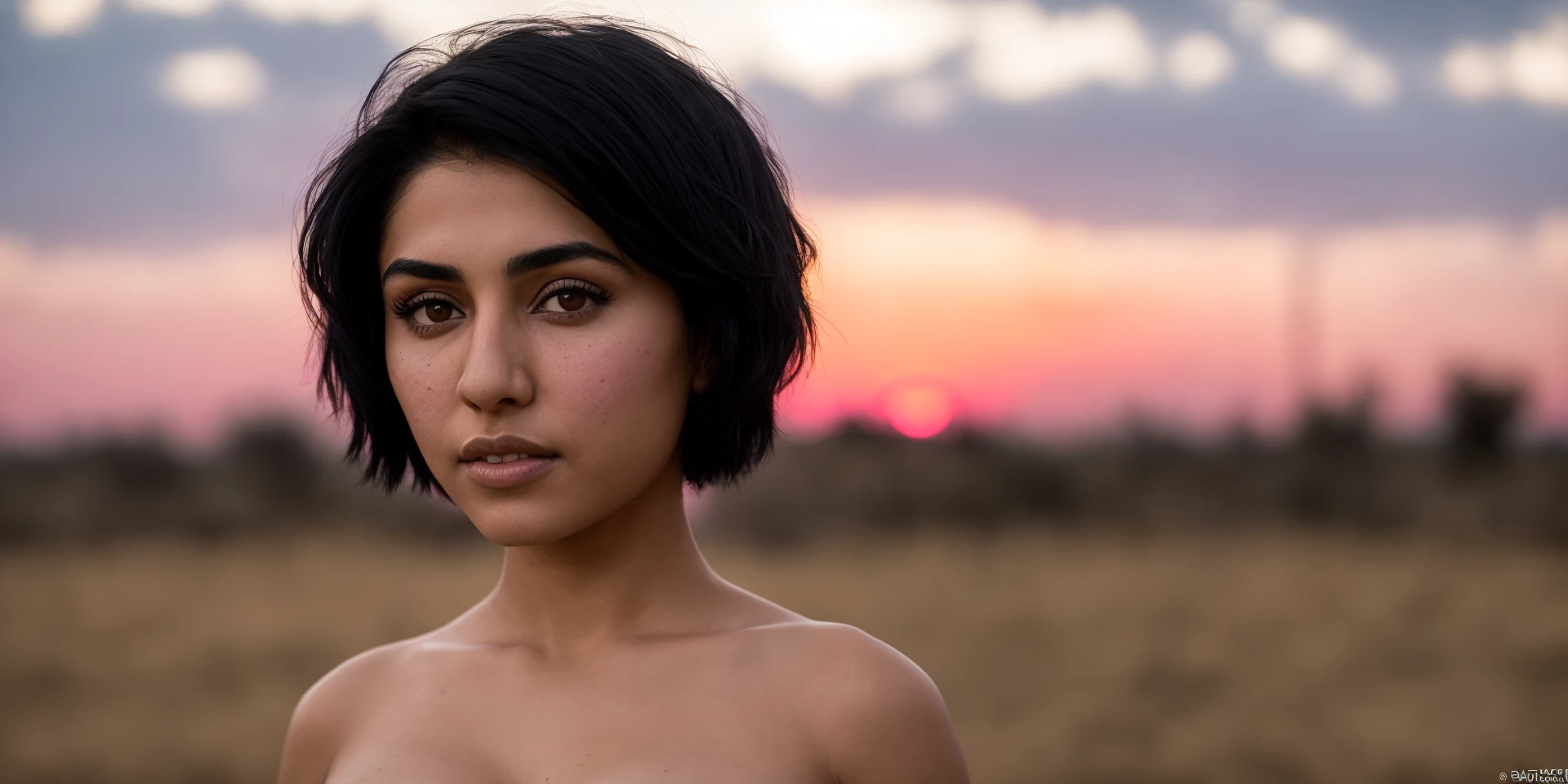 Voyeuristic closeup nude portrait of a pretty Iranian Cute young woman with short black hair wearing clothing , standing ((looking out over Scrub)) Cautious look, exposed big breasts, diffuse skin pores, Spotlight lighting, {2-3$$Super Pink}, warm glow, hdr photo, sidelit, rim halo light, (focus on the eyes), 20mm lens, sharp focus, d750 photography by Attar Abbas,Larry Clark, (deep depth of field), rule of thirds, 8k dslr, canon RAW, art photography, background sunset, Altocumulus, hard light, still from Platoon
