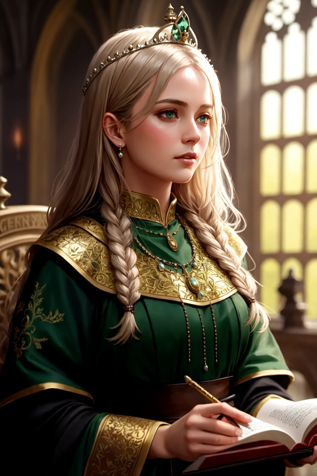 modelshoot style, (extremely detailed CG unity 8k wallpaper), full shot body photo of the most beautiful artwork in the world, english medieval witch, green vale, pearl skin,golden crown, diamonds, medieval architecture, professional majestic oil painting by Ed Blinkey, Atey Ghailan, Studio Ghibli, by Jeremy Mann, Greg Manchess, Antonio Moro, trending on ArtStation, trending on CGSociety, Intricate, High Detail, Sharp focus, dramatic, photorealistic painting art by midjourney and greg rutkowski
