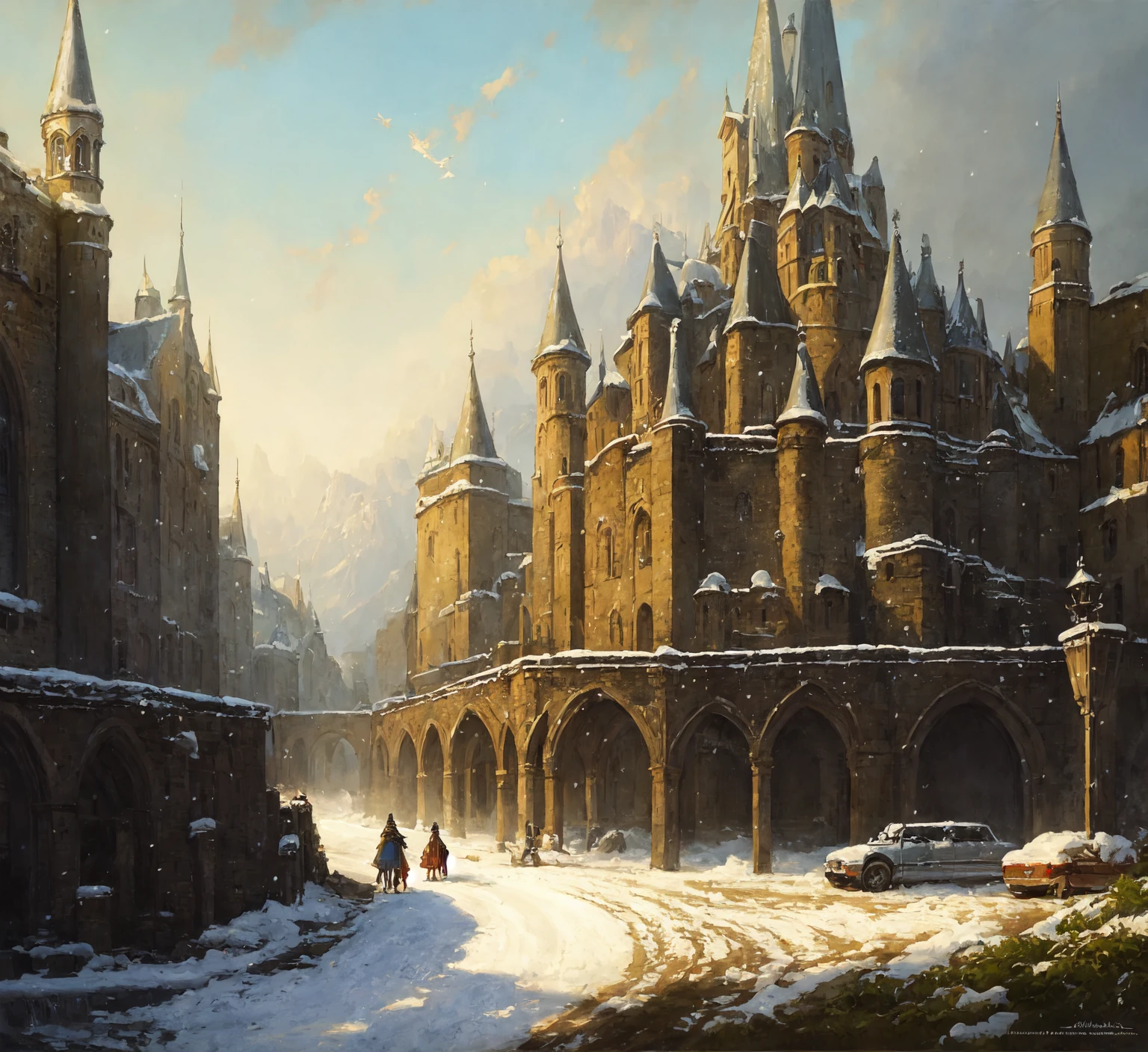 (extremely detailed CG unity 8k wallpaper), full shot photo of the most beautiful artwork of a medieval castle, snow falling, nostalgia, professional majestic oil painting by Ed Blinkey, Atey Ghailan, Studio Ghibli, by Jeremy Mann, Greg Manchess, Antonio Moro, trending on ArtStation, trending on CGSociety, Intricate, High Detail, Sharp focus, dramatic, photorealistic painting art by midjourney and greg rutkowski