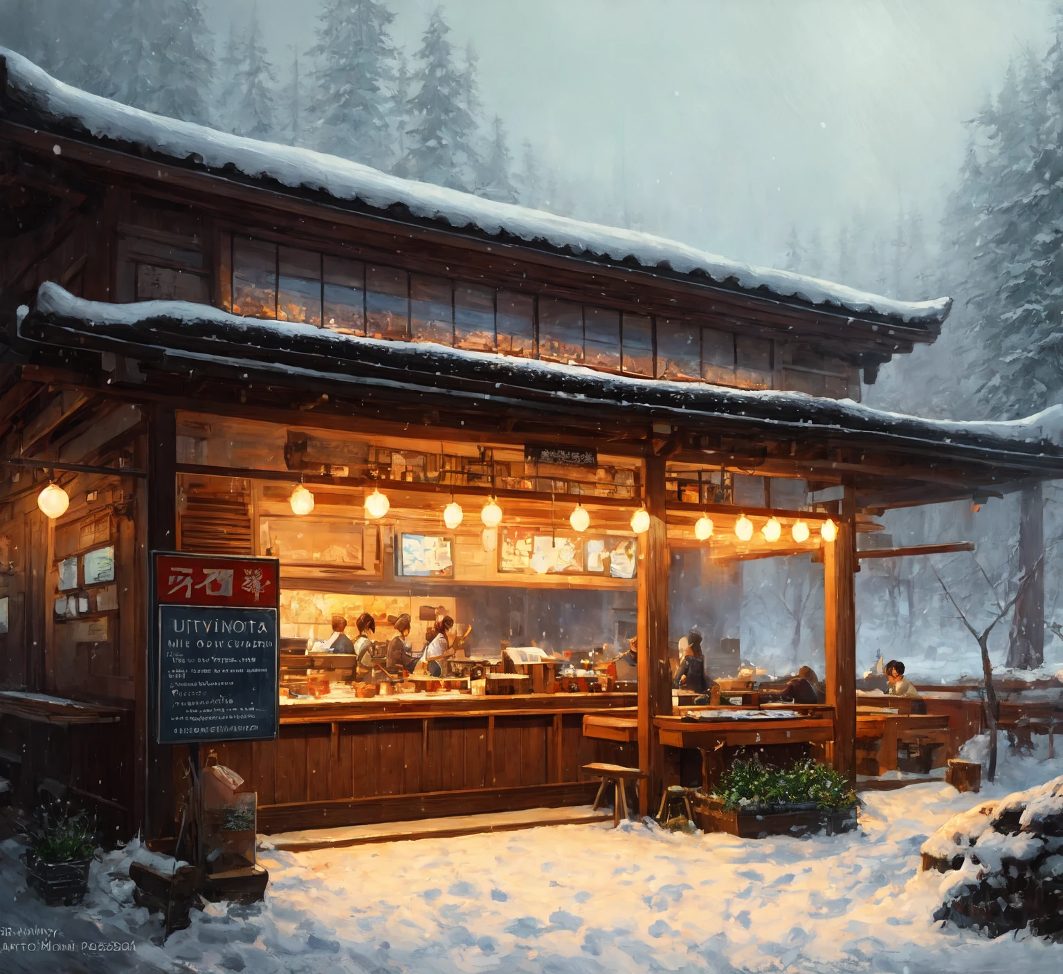 (extremely detailed CG unity 8k wallpaper), full shot photo of the most beautiful artwork of a japanese ramen shop, snow falling, food porn, steamy, nostalgia, professional majestic oil painting by Ed Blinkey, Atey Ghailan, Studio Ghibli, by Jeremy Mann, Greg Manchess, Antonio Moro, trending on ArtStation, trending on CGSociety, Intricate, High Detail, Sharp focus, dramatic, photorealistic painting art by midjourney and greg rutkowski
