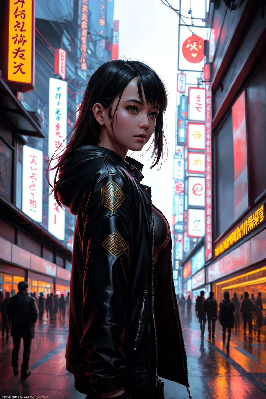 full body shot photo of the most beautiful artwork in the world featuring a modern female girl, sexy, big eyes, urban tokyo futuristic look, neon lights, night, slow motion, reflections, orange raincoat, intricate detail, nostalgia, heart professional majestic oil painting by Ed Blinkey, Atey Ghailan, Studio Ghibli, by Jeremy Mann, Greg Manchess, Antonio Moro, trending on ArtStation, trending on CGSociety, Intricate, High Detail, Sharp focus, dramatic, photorealistic painting art by midjourney and greg rutkowski