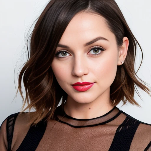 AnaD, short blonde hair, headshot, red lips,brown backdrop, studio