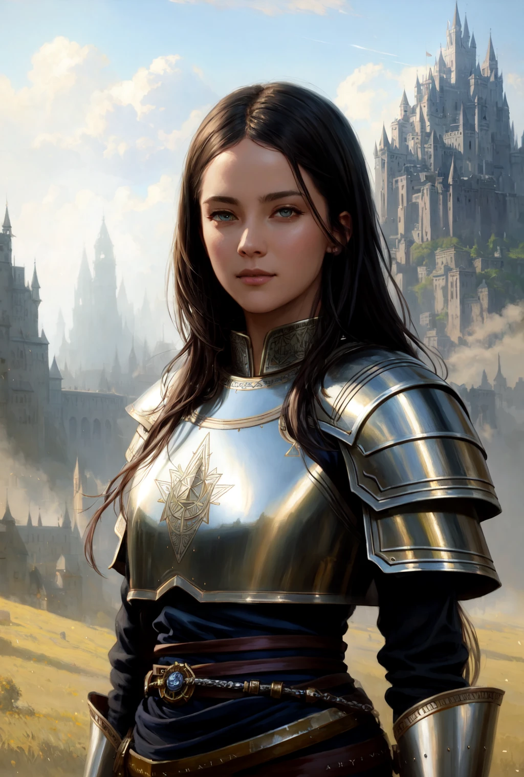 modelshoot style, (extremely detailed CG unity 8k wallpaper), full shot body photo of the best artwork in the world, medieval armor, female knight, oath, professional majestic oil painting by Ed Blinkey, Atey Ghailan, Studio Ghibli, by Jeremy Mann, Greg Manchess, Antonio Moro, trending on ArtStation, trending on CGSociety, Intricate, High Detail, Sharp focus, dramatic, photorealistic painting art by midjourney and greg rutkowski, oil painting