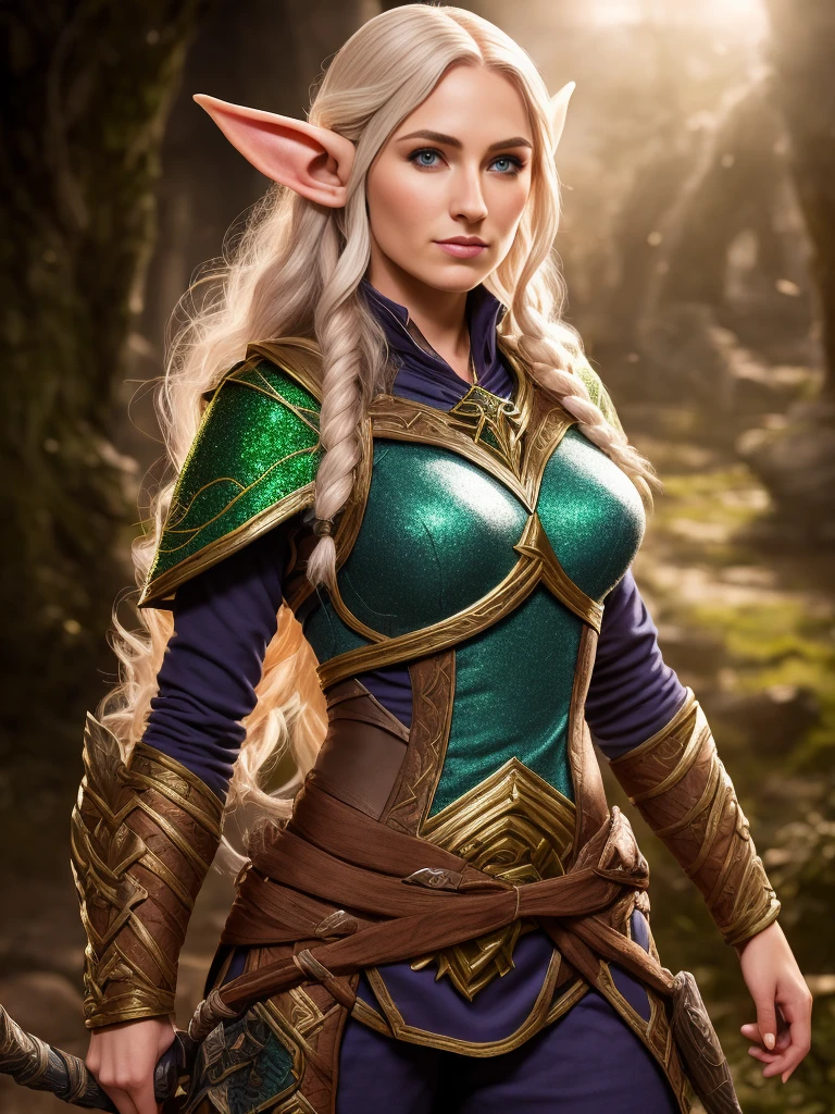 award winning digital art of an elven ranger woman, fully clothed, in a fantasy village, d&d, masterpiece, best quality, high contrast, soft lighting, backlighting, bloom, light sparkles, chromatic aberration, smooth, sharp focus