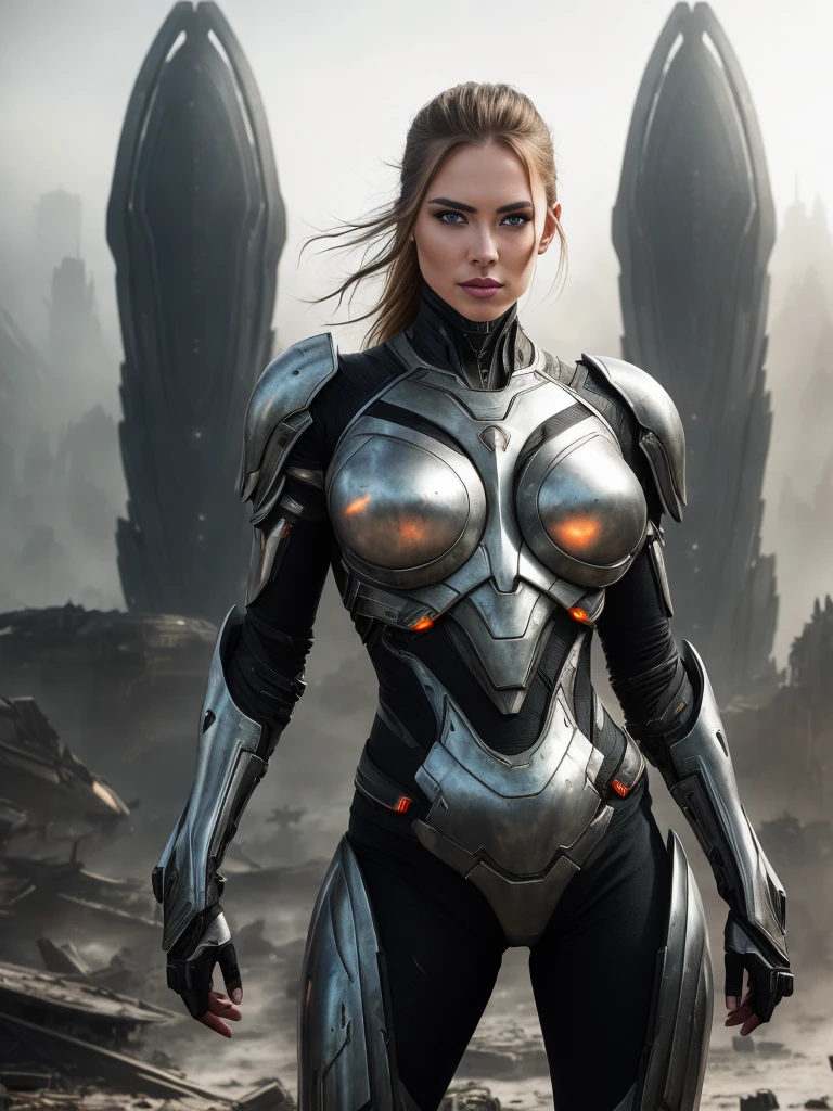 medium shot photo of sexy female cyborg wearing scratched and tarnished futuristic armor in a destroyed futuristic city, fantasy, sci-fi, beautiful feminine face, seductive, sexual, mist, vivid alluring eyes, best quality masterpiece, photorealistic, detailed, 8k, HDR, shallow depth of field, broad light, high contrast, backlighting, bloom, light sparkles, chromatic aberration, sharp focus, RAW color photo
