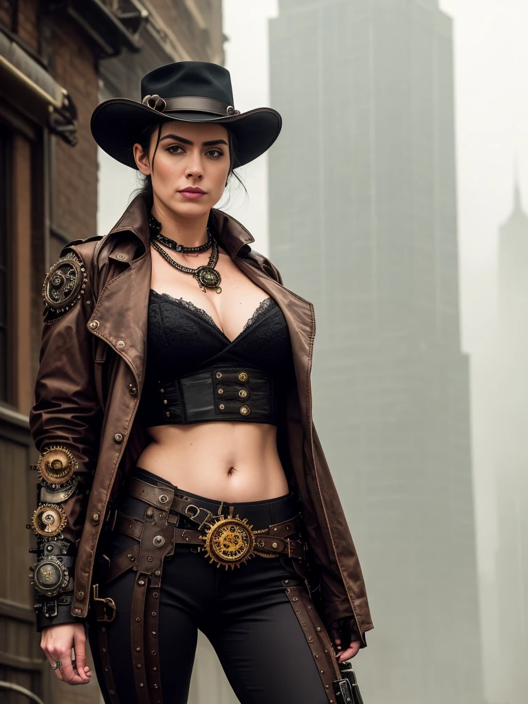 medium shot photo of steampunk detective woman wearing low rise pants crop top and jacket, thigh gap, intricate steampunk+ city, evening, dark, atmospheric, mist, best quality masterpiece, photorealistic, detailed, 8k, HDR, shallow depth of field, broad light, high contrast, backlighting, bloom, light sparkles, chromatic aberration, sharp focus, RAW color photo