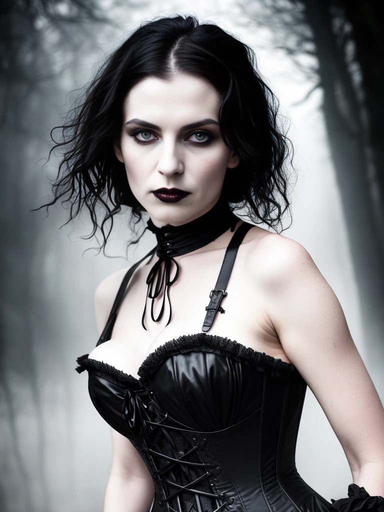 award winning RAW color photo of victorian era vampire woman+ wearing black dress leather corset, dark foggy village, night ominous dark foreboding, mist, moonrays, vivid alluring eyes, pale skin, (black hair)+, shallow depth of field, high contrast, backlighting, bloom, chromatic aberration, smooth, sharp focus, taken on a mirrorless camera