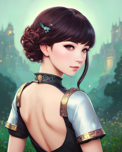 best quality,masterpiece,highly detailed,ultra-detailed,1girl,fantasy character portrait from behind with a cat and an evil smile wearing fantasy armor by Alphonse Mucha. Trending on artstation hq 4k 8x matte painting over all the time in style of James Jean Gurney WLOP;realistic eyes:2 symmetrical face expressionist oil nvinkpunk,kuvshinov,dreamlikeart,samdoesart,modelshoot style,