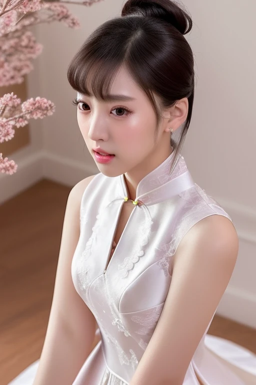 （Hyperrealistic,）4K,35mm，hyper-high detail, Professional lighting, Best quality, Ultra-high resolution, Visually stunning, (1girll:1.3), National style cheongsam,,realskin,（Perfect body 1.3）Ultra-delicate face。