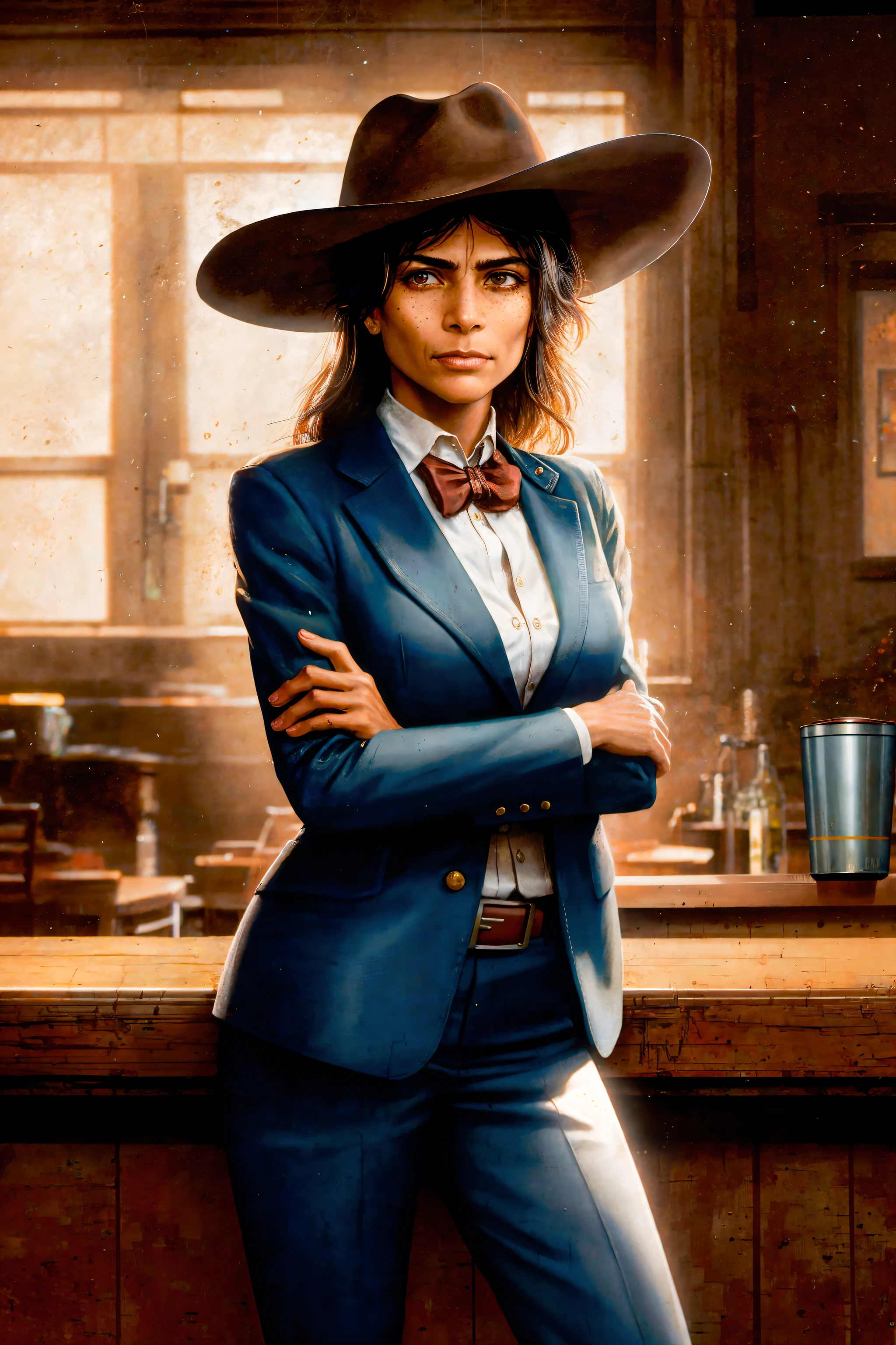(60 year oldwomanl:1.2), brazilian girl, masterpiece, best quality, fedora, serious face, 1920's speak-easy, bar, pub, (fancy suit:1.1), subsurface scattering, beautiful lighting, bandolier, explorer, satchel, sneer, detailed face and eyes, detailed skin, (freckles:0.8), extremely smug, (art by frederic remington and bob byerley:1.1), (workshop:1.1), intricate detail, hyper detailed, ultra realistic, sharp focus, octane render, volumetric, ray tracing, artstation trending, cgsociety, sense of awe, mystical, 4k, High Saturation Clarity Contrast, deep levels, sharp, retouched, color graded, soft lighting