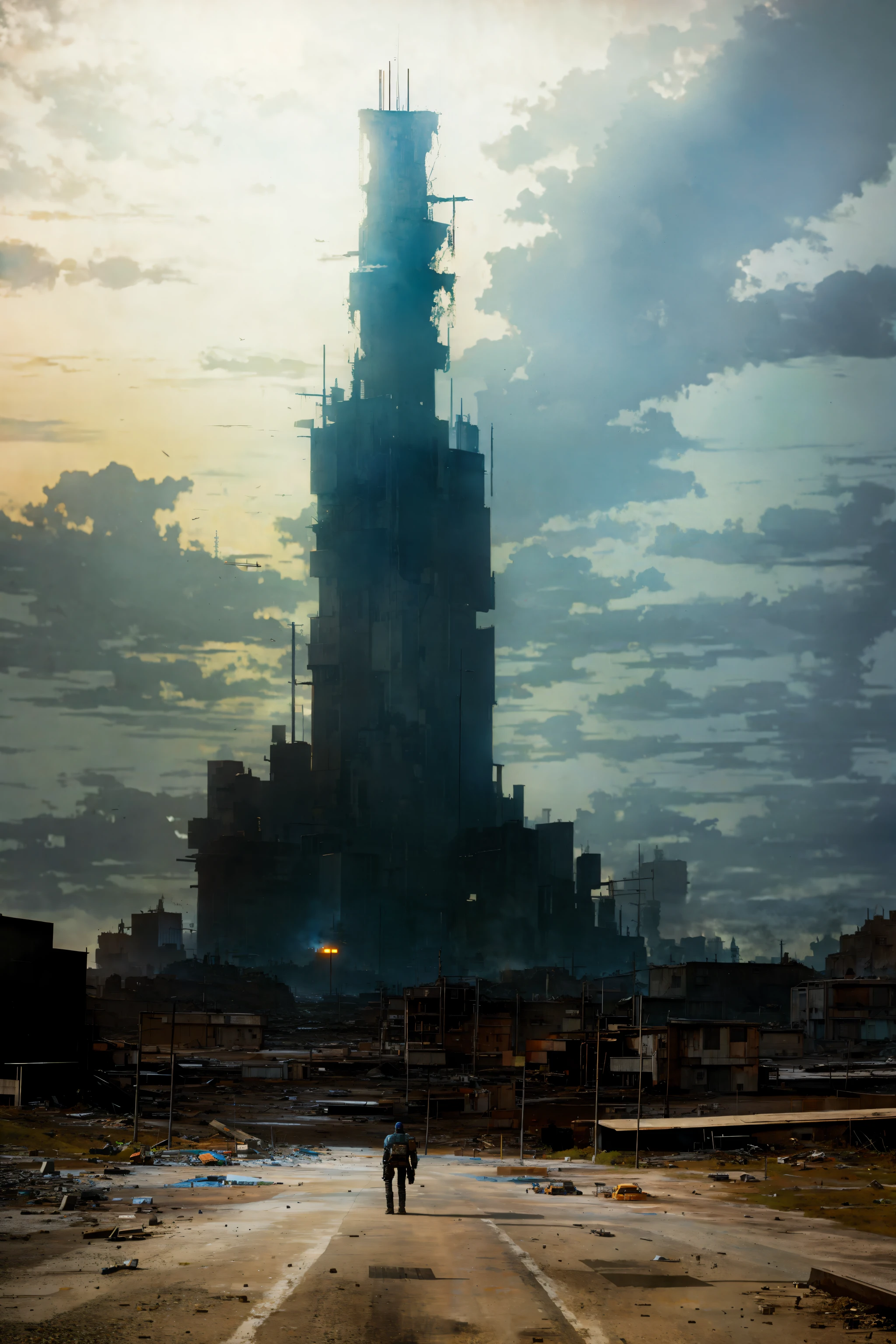 (post-apocalypse:1.2), robotic monolith towering above a desolate city, (album art:1.1), (artpunk:1.0), unique pose, (trigun:1.1), (masterpiece:1.1), best quality, run-down, ultra high detail, (by antoine blanchard and casey baugh:1.1), (by zdzislaw beksinski:0.8), black and silver, extremely intricate, extreme detail, raytracing, reflections, beautiful lighting, harsh lighting, watercolor, contrast, dark, lighting