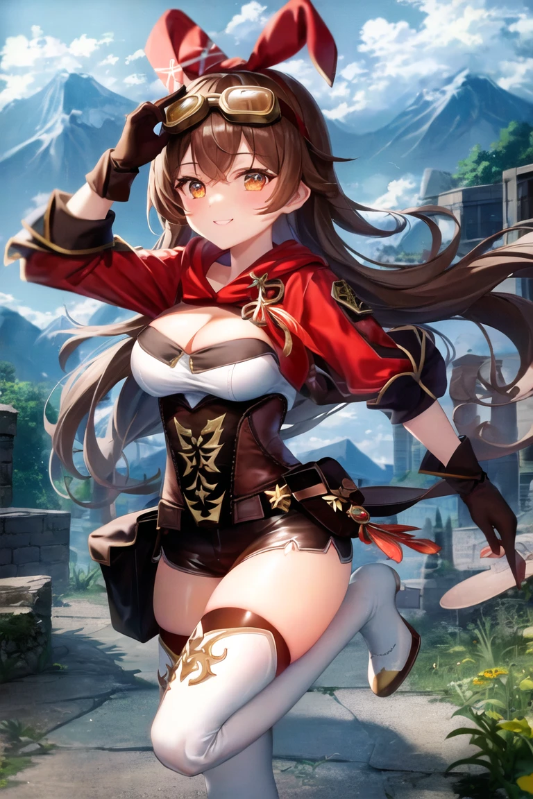masterpiece, best quality, soft lighting, absurdres, looking at viewer, solo, smile, goggles on head,
amber \(genshin impact\), brown eyes, brown hair, long hair, red hair ribbon, brown short shorts, leather gloves, pouch, thighhighs, white boots, medium breasts, cleavage cutout, shrug \(clothing\)
full body, standing on one leg, overgrown ruins, mountains