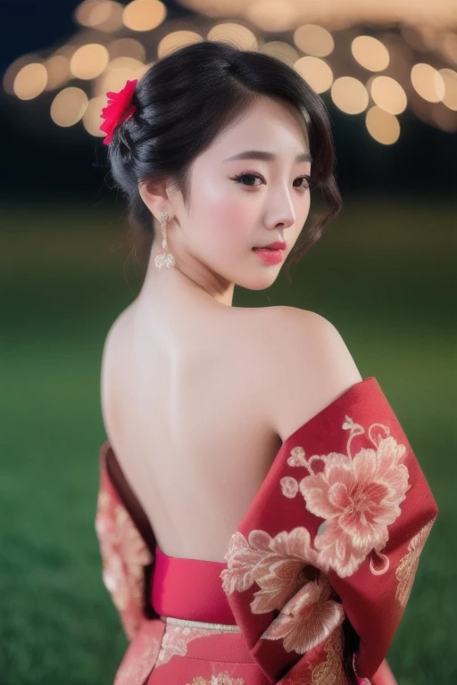 (dark late at night,mid-night:1.1),(symmetry:1.1),

(highly detailed face:1.1),PureErosFace_v1,(short hair:1.1), 
closed up portrait of an elegant girl wearing gorgeous red flower kimono and flower in hair,21yo girl,

(fireworks background:1.1),blurry background,
perspective,(half_body:1.1),

highly detailed, sharp focus, 8k,natural light,lens 135mm,f1.8,