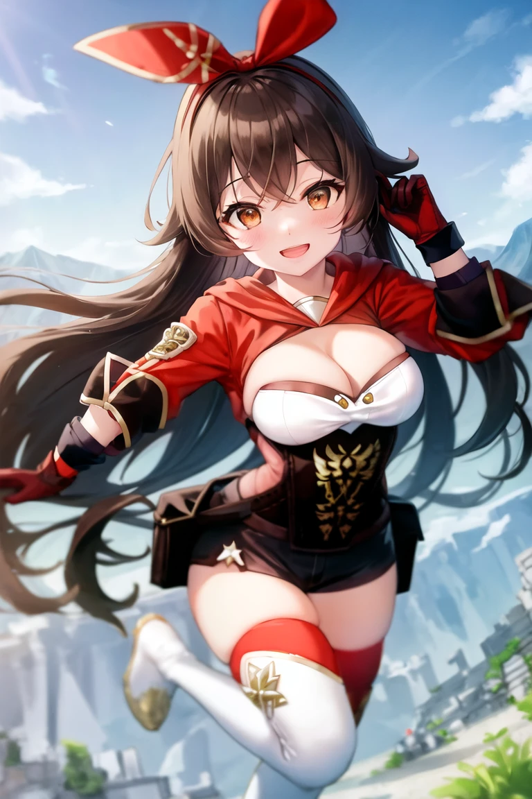 masterpiece, best quality, absurdres, soft lighting, looking at viewer, solo, from below, pov, smile, open mouth, hand in hair,
amber \(genshin impact\), brown eyes, brown hair, long hair, red hair ribbon, brown short shorts, leather gloves, pouch, thighhighs, white boots, medium breasts, cleavage cutout, shrug \(clothing\)
full body, standing on one leg, overgrown ruins, mountains