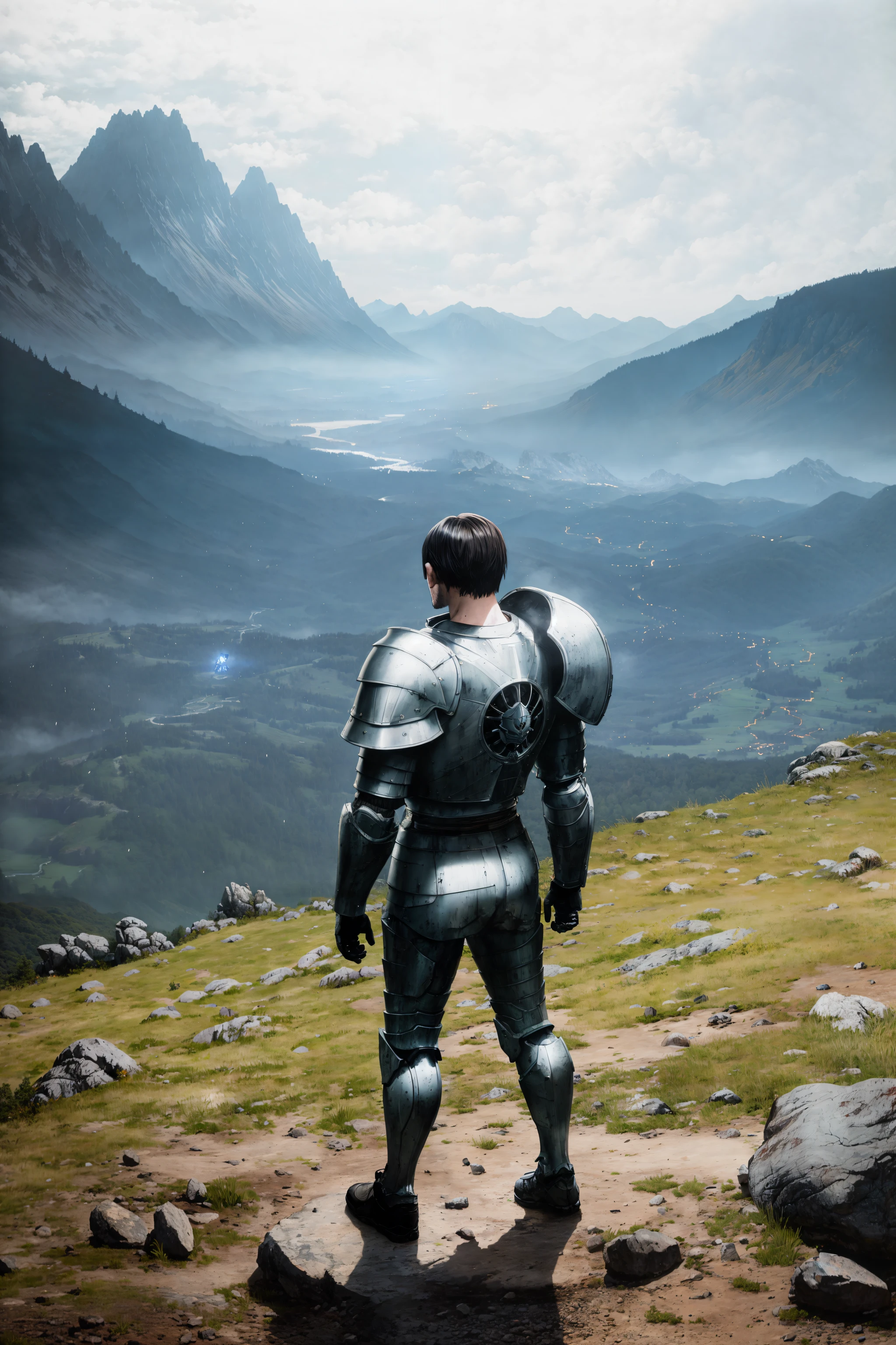 (wraith with glowing eyes wearing fantastical royal suit of armor:1.1), (beautiful suit of armor:1.1), (moutain top overlooking a craggy valley:1.2), shiny, ultra detailed background, extremely detailed background, masterpiece, from above, best quality, absurdres, award winning photo, extreme detail, extremely intricate, ultra realistic photo, flat chest, (by Ilya Kuvshinov and Q Hayashida:1.1), nsfw, by artist Raymond Swanland, Antonio Manzanedo, Katsuhiro Otomo, 4k, (highres:1.1), best quality, High Saturation Clarity Contrast, deep levels, sharp, retouched, color graded, soft lighting