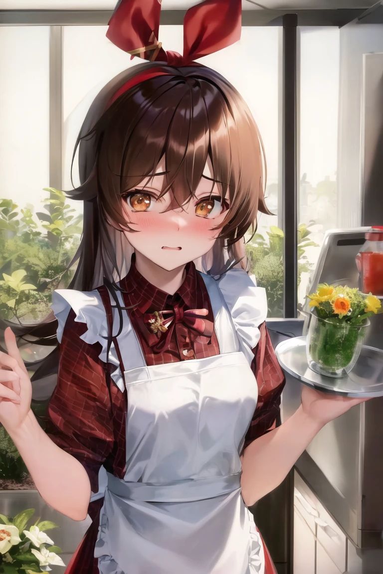 masterpiece, best quality, soft lighting, absurdres, looking at viewer, solo, nervous, embarrassed,
amber \(genshin impact\), brown eyes, brown hair, red hair ribbon, maid, apron, cookie tray,
kitchen,