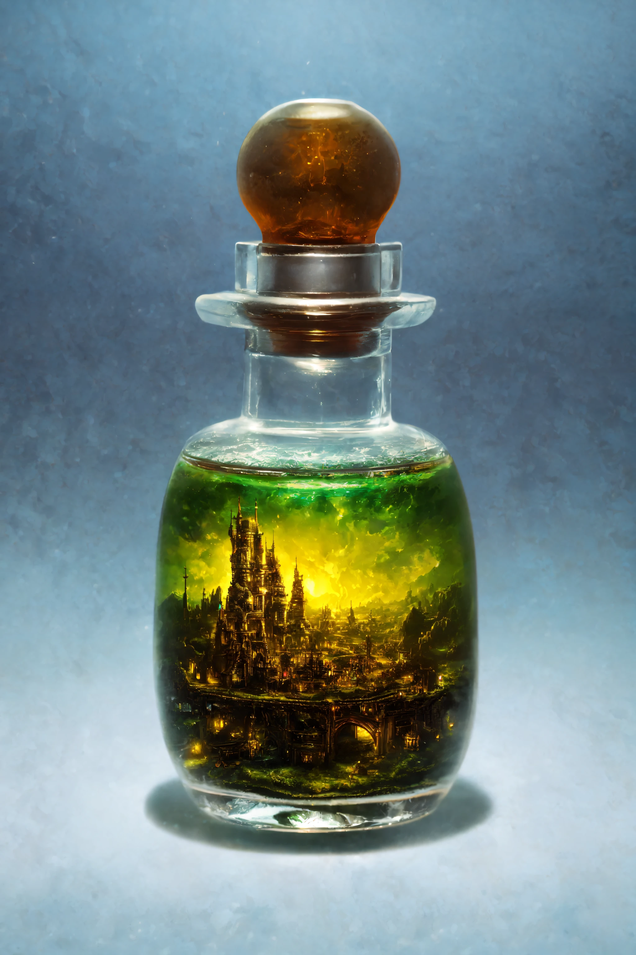 a fantastical potion bottle containing a tiny city, colorful, magic, (workshop:1.1), intricate detail, hyper detailed, ultra realistic, sharp focus, octane render, volumetric, ray tracing, artstation trending, cgsociety, sense of awe, mystical, 4k, High Saturation Clarity Contrast, deep levels, sharp, retouched, color graded, soft lighting