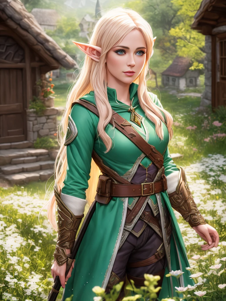 modelshoot style, award winning digital art of an elven ranger woman, fully clothed, in a fantasy village, d&d, masterpiece, best quality, high contrast, soft lighting, backlighting, bloom, light sparkles, chromatic aberration, smooth, sharp focus