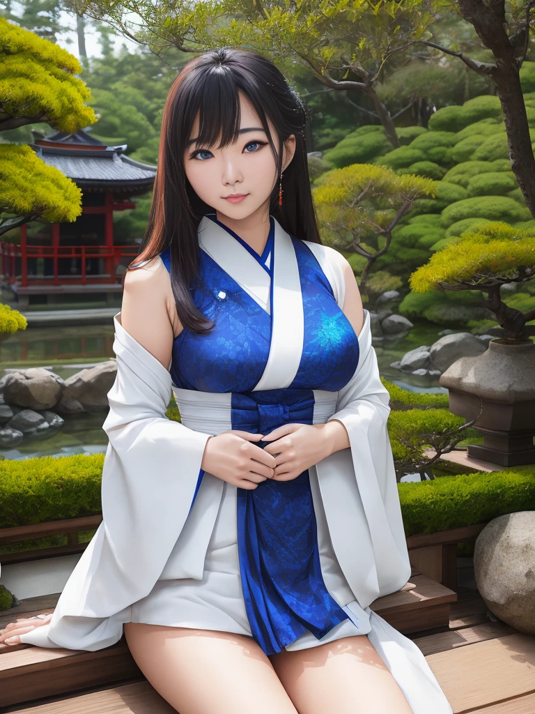 waist up medium shot of asian woman in a japanese garden, detailed blue eyes, thigh gap, masterpiece, best quality, high contrast, soft lighting, backlighting, bloom, light sparkles, chromatic aberration, smooth, sharp focus