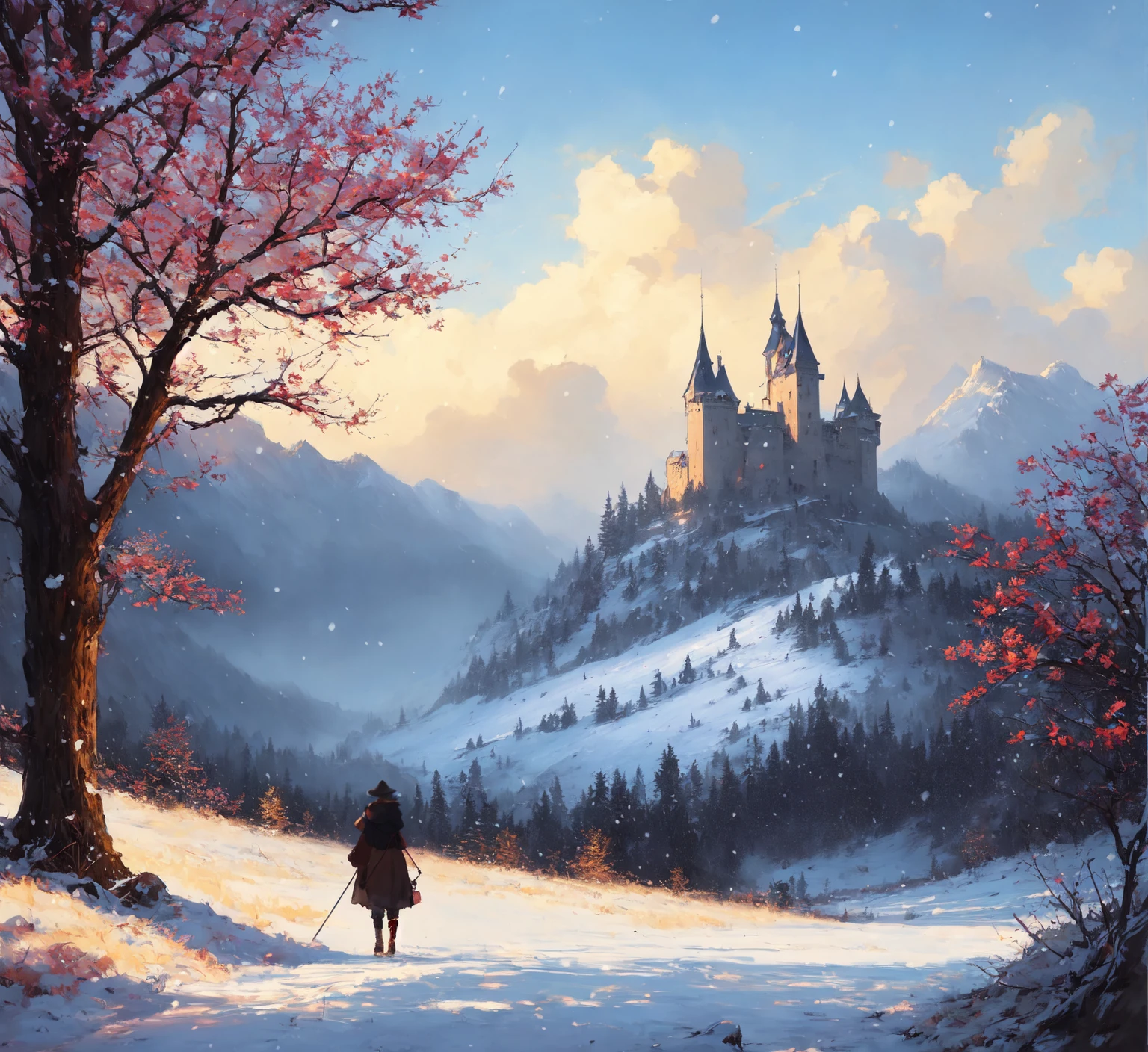 (extremely detailed CG unity 8k wallpaper), full shot photo of the most beautiful artwork of a medieval castle, snow falling, nostalgia, grass hills, professional majestic oil painting by Ed Blinkey, Atey Ghailan, Studio Ghibli, by Jeremy Mann, Greg Manchess, Antonio Moro, trending on ArtStation, trending on CGSociety, Intricate, High Detail, Sharp focus, dramatic, photorealistic painting art by midjourney and greg rutkowski