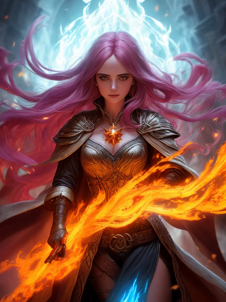 modelshoot style, waist up, award winning digital art of a beautiful sorceress conjuring fire, fully clothed, in a burning and destroyed fantasy village, magical, d&d, masterpiece, best quality, high contrast, soft lighting, backlighting, bloom, light sparkles, chromatic aberration, smooth, sharp focus