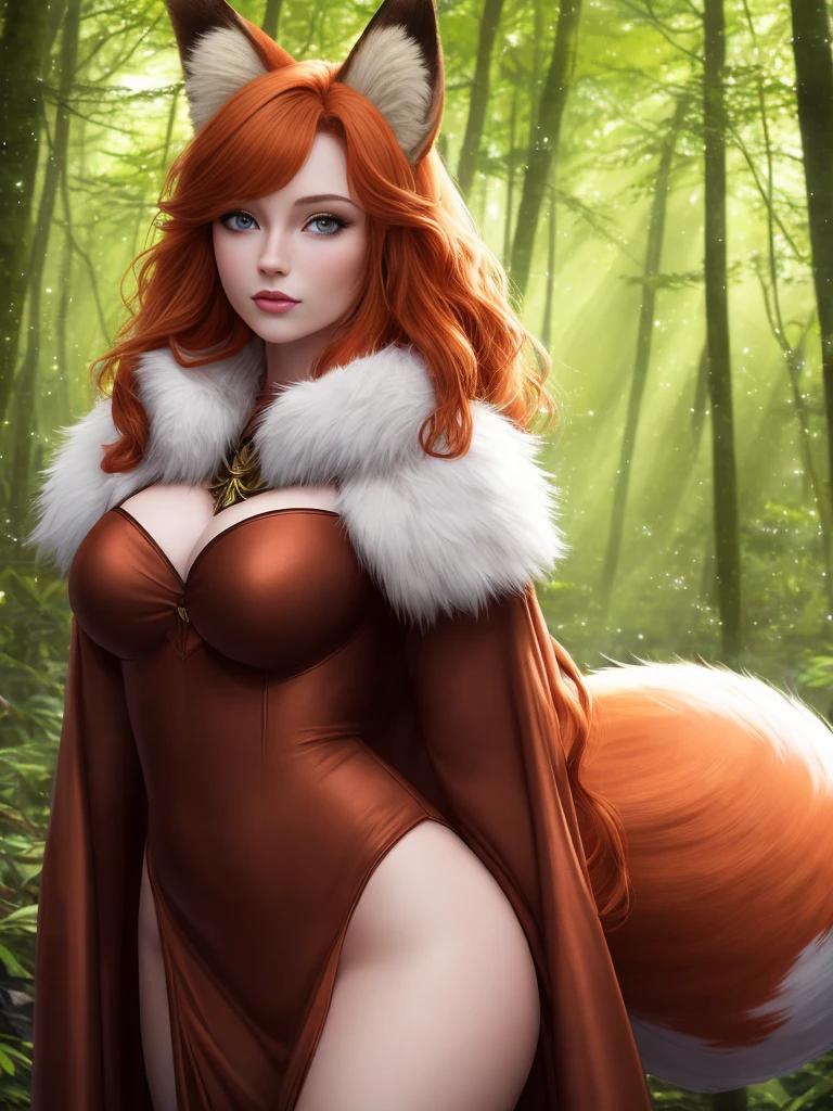 award winning digital art of a beautiful woman with fox ears and tail, (ginger hair), fur, fully clothed, in a lush forest, fantasy, d&d, masterpiece, best quality, high contrast, soft lighting, backlighting, bloom, light sparkles, chromatic aberration, smooth, sharp focus