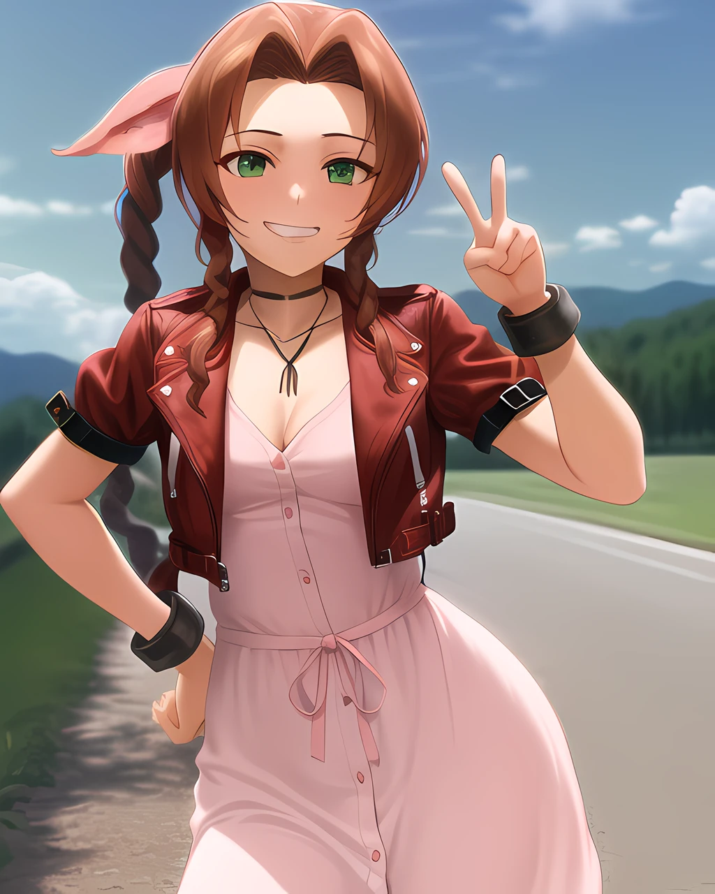 best quality, 1girl, pink dress, green eyes, single braid, small breasts, grin, peace sign, hand on hip, looking at viewer, corneo_aerith, outdoors background