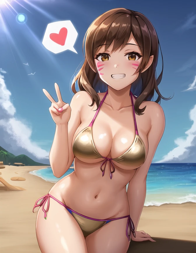 best quality, 1girl, brown hair, brown eyes, medium breasts, front tie bikini top, (gold bikini), arm behind back, peace sign, grin, sun, on beach, spoken heart, (face paint:0.9), (corneo_dva:0.9), no headwear,
