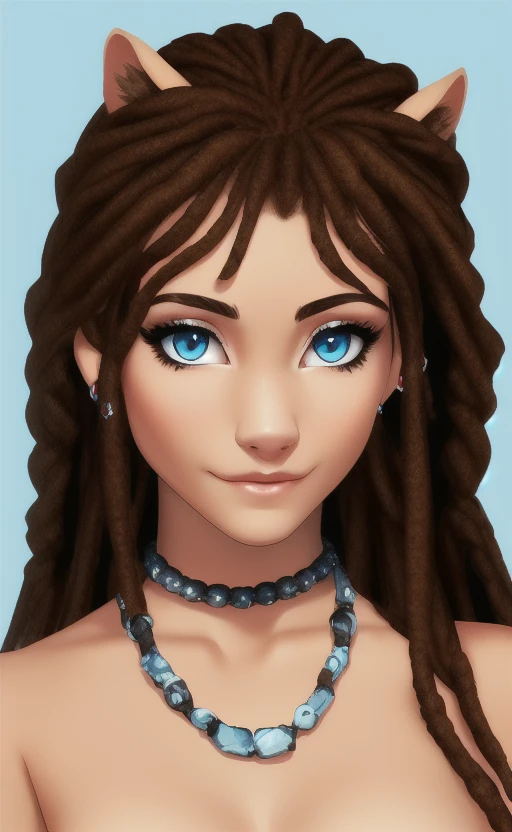 , human, solo, mammal, hair, anthro, brown hair, female, eyelashes, clothing, blue eyes, looking at viewer, simple background, portrait, necklace, fur, curled hair, hi res, eyebrows, brown body, headshot portrait, black hair, dreadlocks