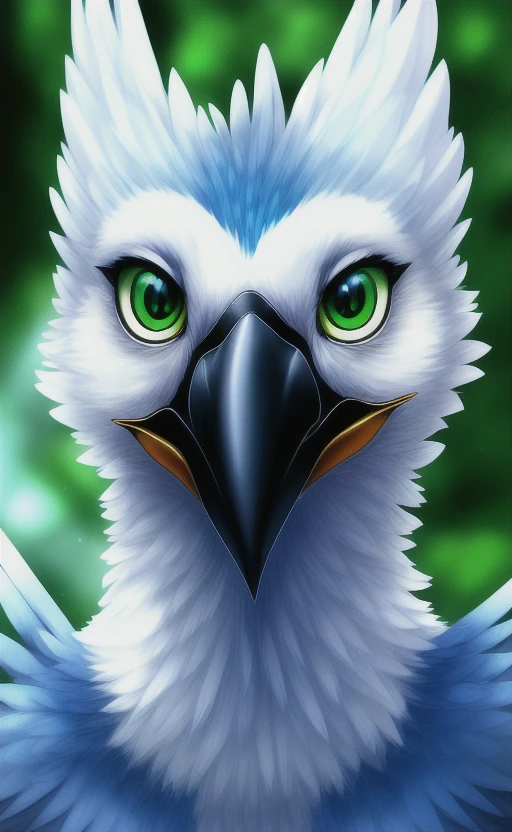 , feral, solo, avian, beak, green eyes, ambiguous gender, hi res, feathers, portrait, white body, multicolored body, blue jay, realistic