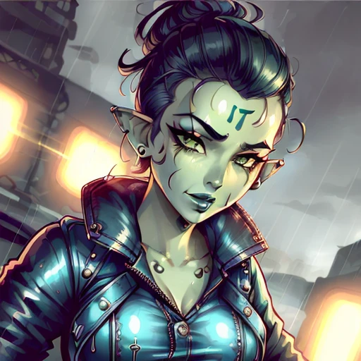 (retrofuturistic:1.4) 1girl pinup, pubic tattoo, ((green skin)), pointy ears, wearing a jacket and jeans, pompadour, atompunk, film grain, vintage,under the rain,streets city, ((detailed facial features)), ((wide angle)), runny makeup, dynamic pose, detailed, illustration, trending artstation, digital painting,symmetric,atmospheric lighting, color