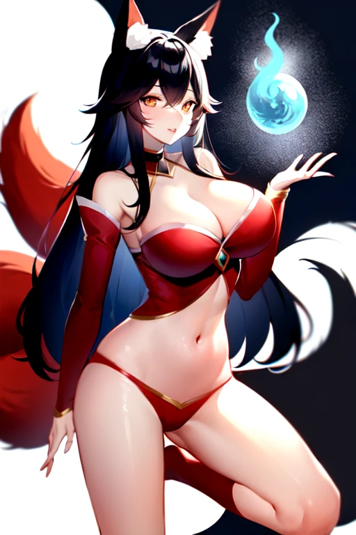 ahri, ahri_\(league_of_legends\), 1girl, absurdres, animal_ears, black_hair, breasts, detached_sleeves, distr, facial_mark, fox_ears, fox_tail, hand_up, highres, large_breasts, league_of_legends, long_hair, long_sleeves, looking_at_viewer, magic, multiple_tails, orange_eyes, parted_lips, solo, standing, standing_on_one_leg, tail