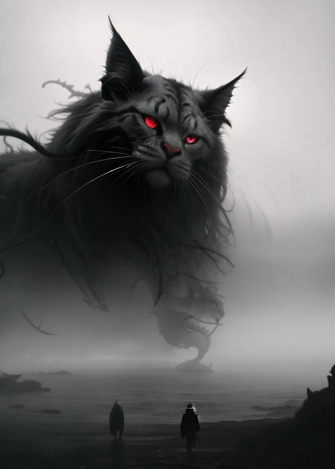 realistic, highres, (masterpiece:1.1), (best quality:1.1), official art, perfect anatomy, subsurface scattering, hdr, wide angle, by Alphonse Mucha,by Zdzislaw Beksinski,by Jeremy Mann , A gigantic winged tentacled demon cat is terrorizing modern Japan for the tenth time