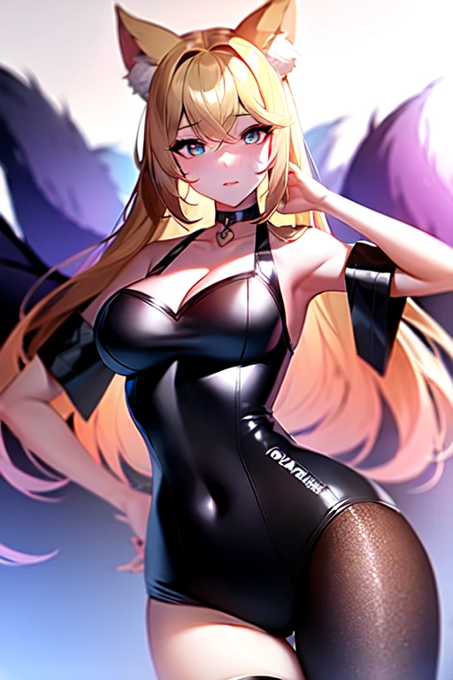 ahri, 1girl, absurdres, ahri_\(league_of_legends\), animal_ears, bangs, bare_shoulders, black_choker, black_leotard, blonde_hair, breasts, brown_eyes, choker, cleavage, collarbone, covered_navel, fox_ears, fox_girl, fox_tail, headset, heart, highres, k/da_\(league_of_legends\), k/da_ahri, league_of_legends, leotard, medium_breasts, multiple_tails, off-shoulder_shirt, off_shoulder, official_alternate_costume, pink_nails, shirt, sketch, solo, tail, white_shirt