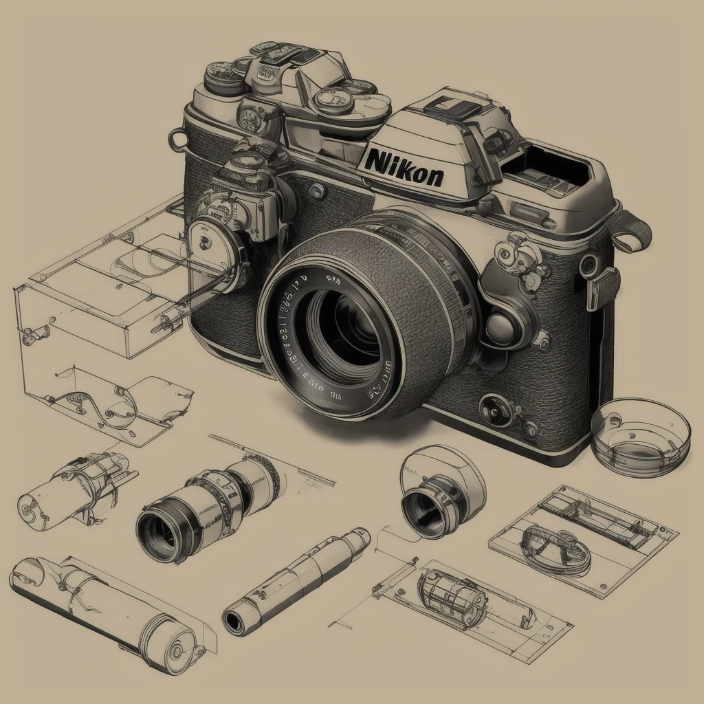 A highly exploded view drawing of a nikon camera. Dimensions, drafting, plans, several views. buildit