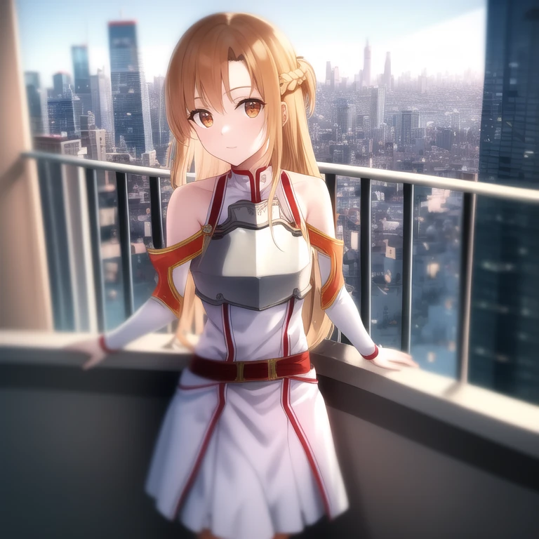 asuna, masterpiece, highres, asuna \(sao\), crown braid, light orange hair, skyline, city, (breastplate),  balcony, looking at viewer,