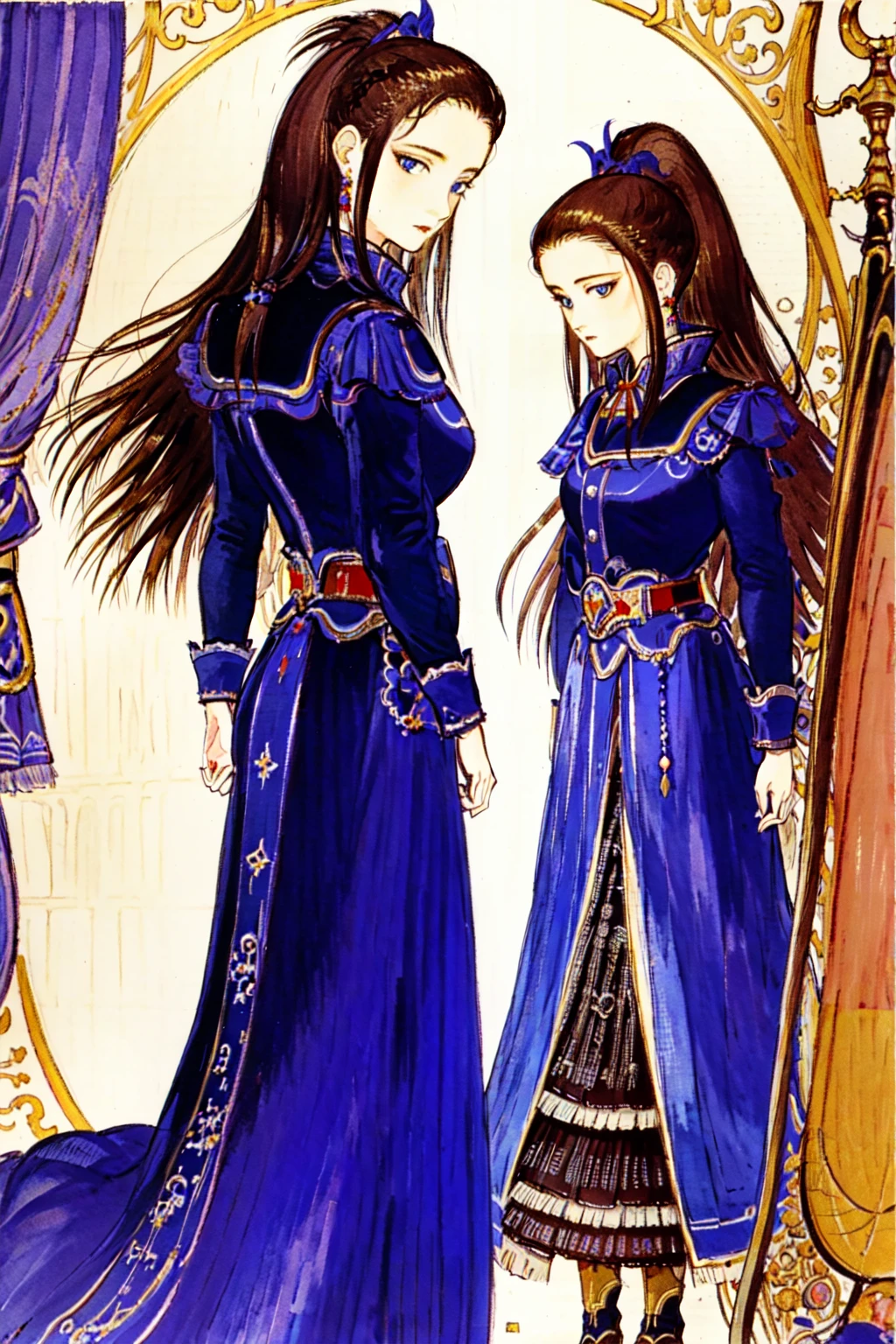 amano_yoshitaka, very detailed background, highly detailed background, masterpiece, best quality, ultra-detailed, illustration, 1girl, solo, mirror, girl with long brown hair, ponytail, blue eyes, curious expression, wearing a casual outfit, standing in front of a large mirror, the mirror is ornate and framed, it's hanging on the wall, the girl is looking at her reflection, she seems to be studying herself, her expression is curious and contemplative, she seems to be deep in thought, the background is dimly lit, the room is decorated with vintage furniture and paintings, the atmosphere is one of introspection and self-discovery