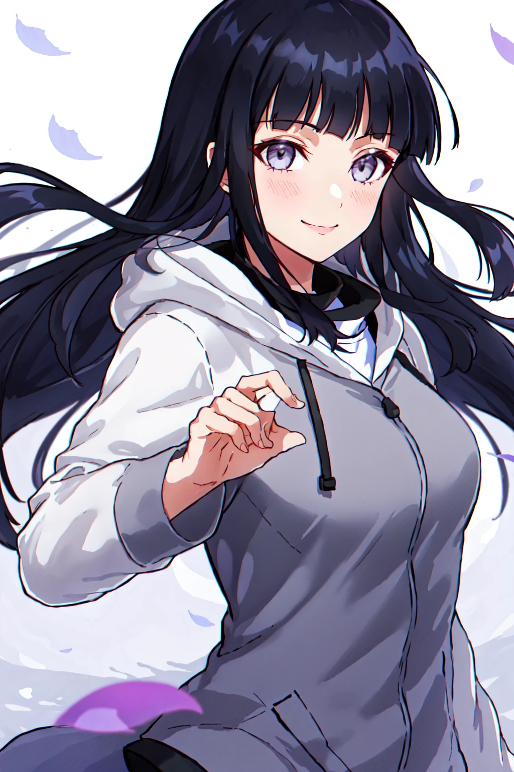 hinata, hyuuga hinata, 1girl, bangs, empty_eyes, black_hair, blunt_bangs, grey eyes, grey sleeves, headband_around_neck, highres, hime cut, hooded_cardigan, long sleeves, looking_at_viewer, petals,  smile, solo, straight hair, upper body, hooded jacket, fighting pose