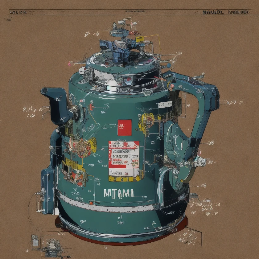 a vintage patent diagram of a highly complicated mecha coffeepot. Dimensions, labels. opt-6000