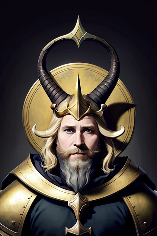 portrait Asgore Dreemur, regal goat king, (blond! hair and beard!), horns, plate armor with cloak, trident, center frame, masterpiece painting, craig mullins, greg rutkowski, symmetrical, splash art