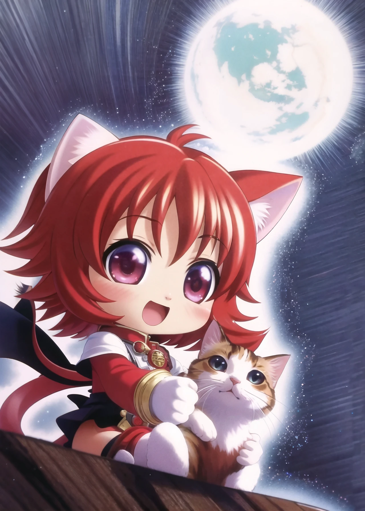 realistic, highres, (masterpiece:1.1), (best quality:1.1), official art, perfect anatomy, subsurface scattering, hdr, dynamic angle, by CLAMP,by Go Nagai,by CLAMP , The most adorable little chibi cat girl in the world is hunting monsters