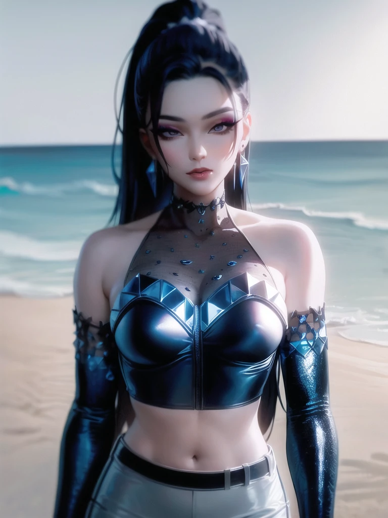 (beach:1.3), high detailed, 8k, highres, (k/da all out kai'sa), league of legends, k/da \(league of legends\), 1girl, solo, cowboy shot, official alternate costume, black hair, multicolored hair, long hair, very long hair, ponytail, long ponytail, streaked hair, green hair, two-tone hair, purple eyes, lips, jewelry, earrings, makeup, bare shoulders, crop top, black crop top, collarbone, collar, shiny clothes, detached sleeves, breasts, medium breasts, crystals, gloves, elbow gloves, single fingerless glove, midriff, belt, pants, white pants, tight pants, high-waist pants, looking at viewer