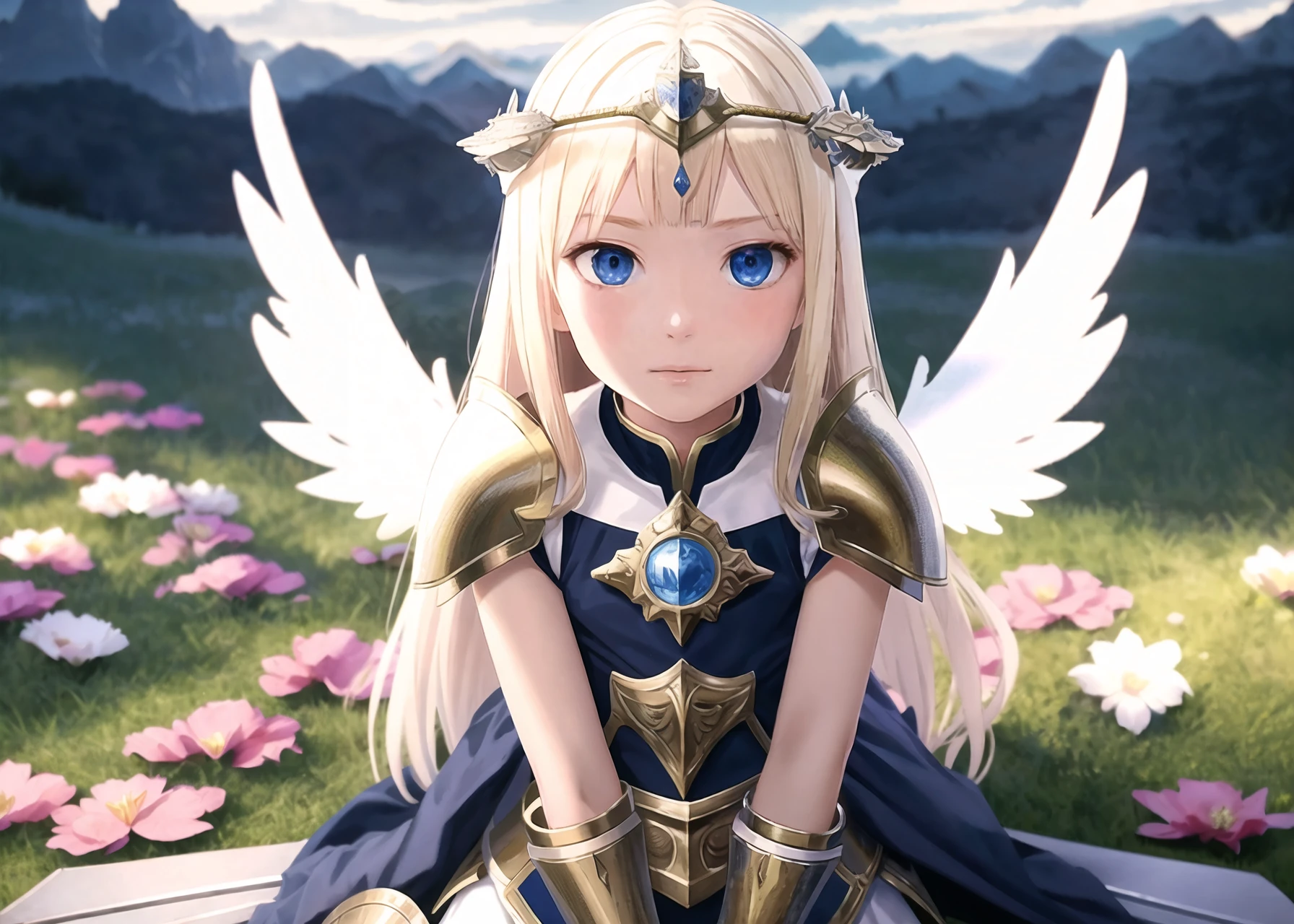 realistic, highres, (masterpiece:1.1), (best quality:1.1), official art, perfect anatomy, subsurface scattering, hdr, dynamic angle, by Jeremy Lipking,by henreader,by Naoko Takeuchi , nsfw, 1girl, solo, (child:1.1), pale skin, (long (blonde) hair, long bangs), (small breasts), (detailed big (red) blue eyes), (detailed pretty face), girlish hips, (ornate (holy) full armor with breastplate, greaves and gauntlets), (circlet), (white angelic wings), blue skirt, holy sword, (she is on a mountain with detailed woods and clouds on the background), (The Legend of Zelda: Breath of the Wild:0.7), ( autumn ) (( day, white clouds )), dappled lighting, (( curtsy ))
