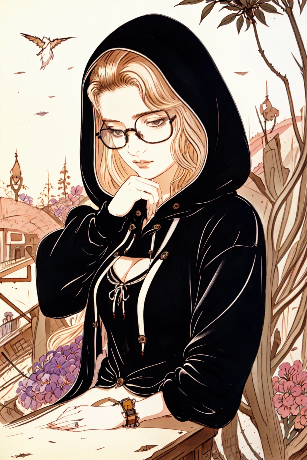 amano_yoshitaka, 1girl, solo, hoodie, medium_hair, glasses, cleavage, partially_unzipped, face, perfect, masterpiece, ((masterpiece, portrait, pixiv)), artstation, ((small_breasts)), in a garden